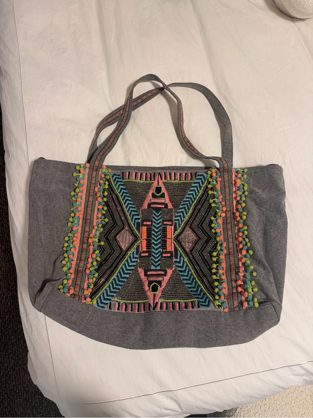 Gray Embroidered Geometric Tote with Multicolor Trim